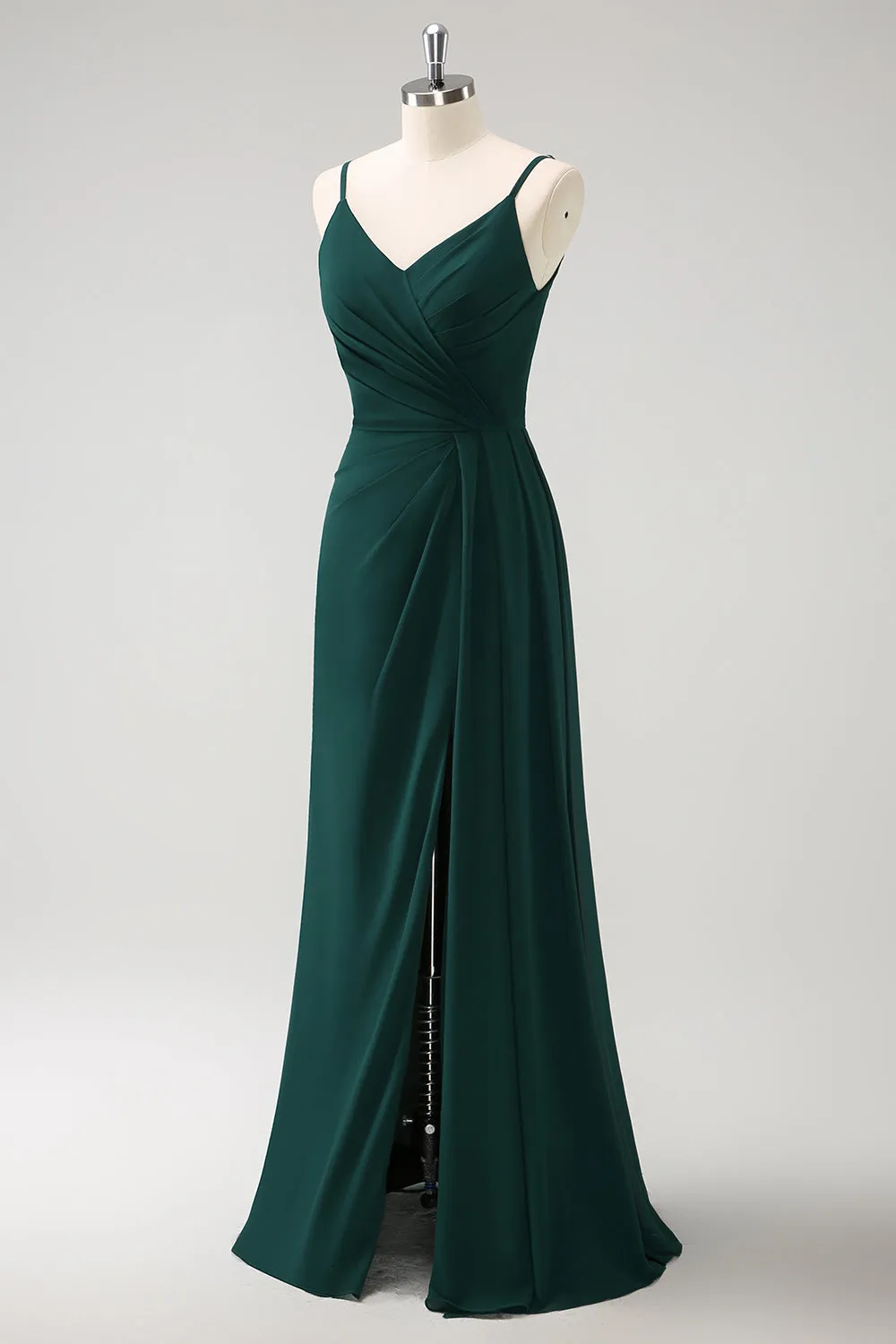 Dark Green A Line Spaghetti Straps Floor Length Chiffon Bridesmaid Dress with Slit sold by Wedtrend product image thumbnail 3