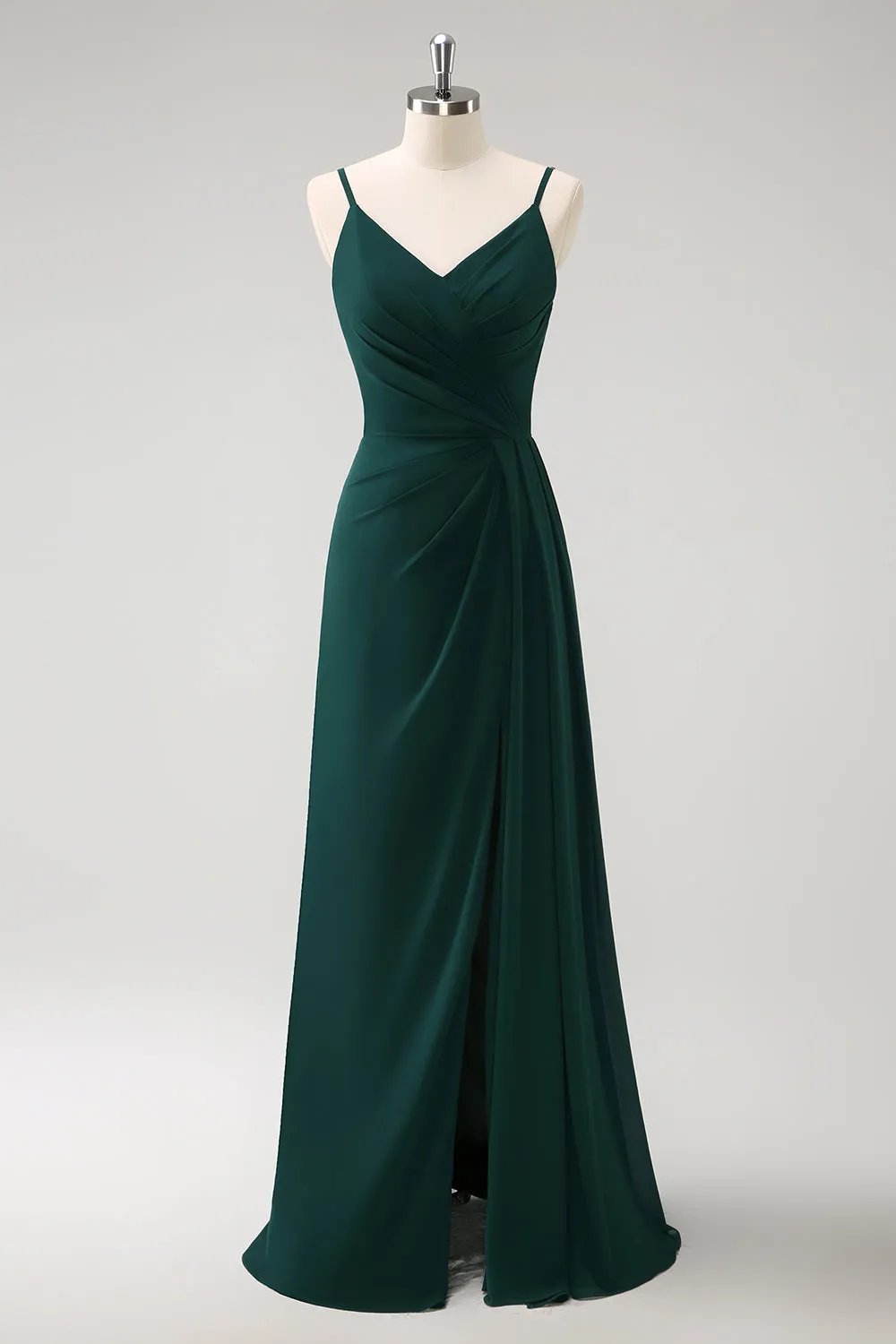 Dark Green A Line Spaghetti Straps Floor Length Chiffon Bridesmaid Dress with Slit sold by Wedtrend