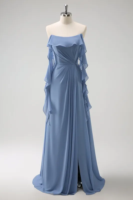 Grey Blue A Line Spaghetti Straps Pleated Chiffon Long Bridesmaid Dress with Slit made by Wedtrend