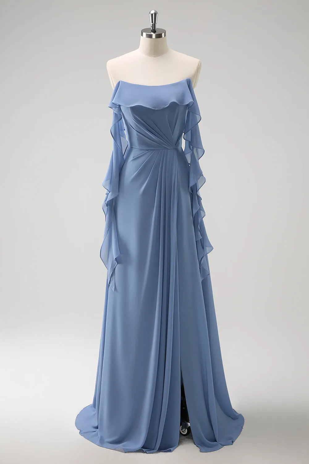Grey Blue A Line Spaghetti Straps Pleated Chiffon Long Bridesmaid Dress with Slit sold by Wedtrend