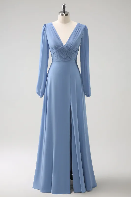 Grey Blue A Line V Neck Pleated Long Sleeves Chiffon Long Bridesmaid Dress with Slit sold by Wedtrend
