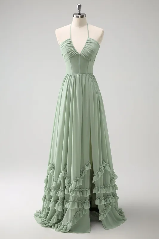 Dusty Sage A-Line Halter Ruched Chiffon Ruffle Long Bridesmaid Dress with Slit made by Wedtrend
