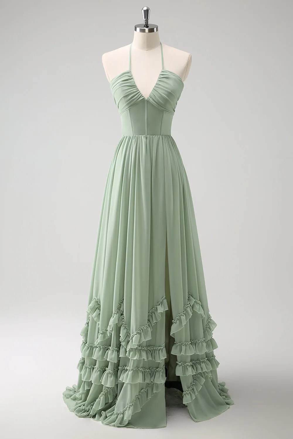 Dusty Sage A-Line Halter Ruched Chiffon Ruffle Long Bridesmaid Dress with Slit sold by Wedtrend