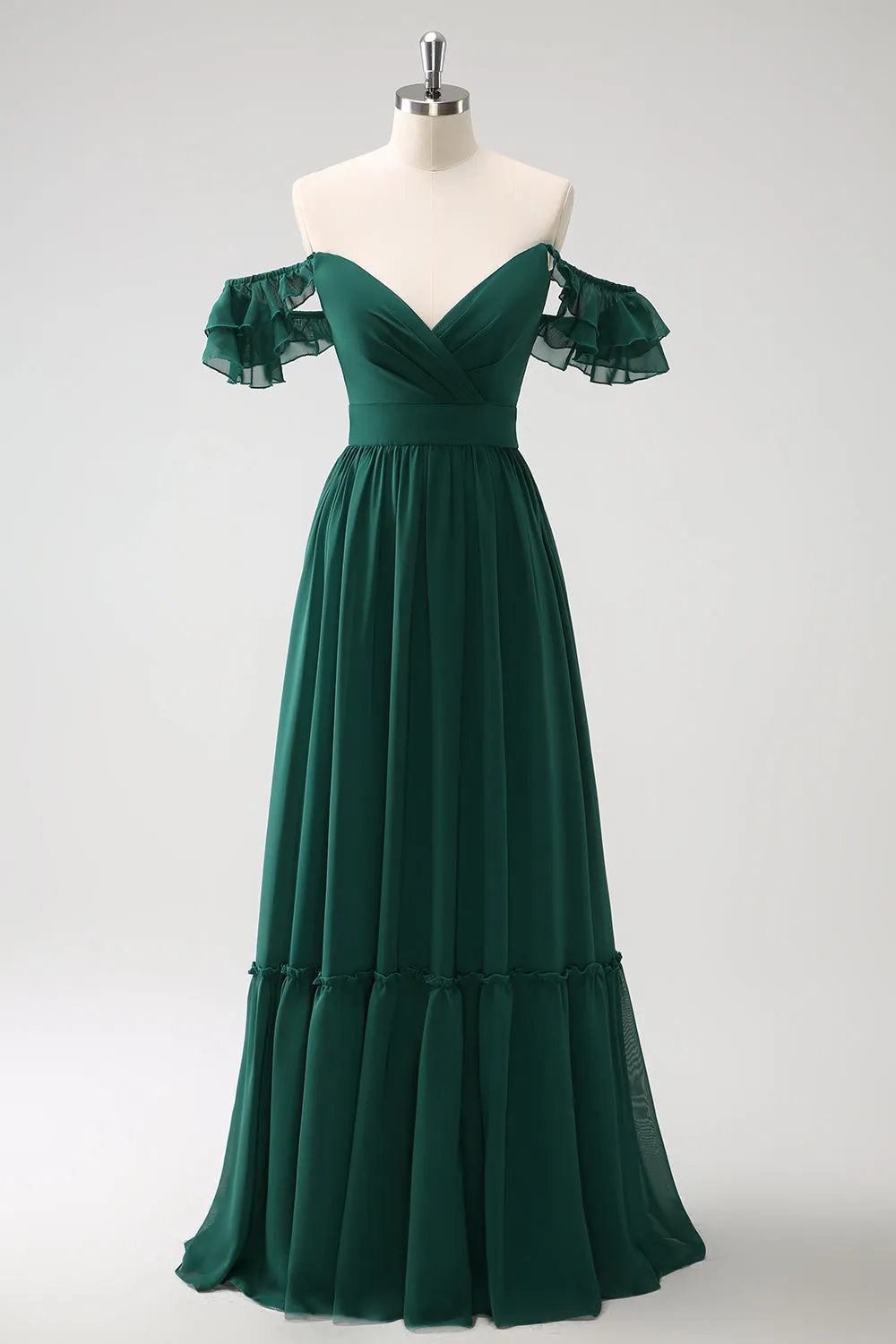 Dark Green A Line Off The Shoulder Chiffon Ruched Floor Length Bridesmaid Dress sold by Wedtrend