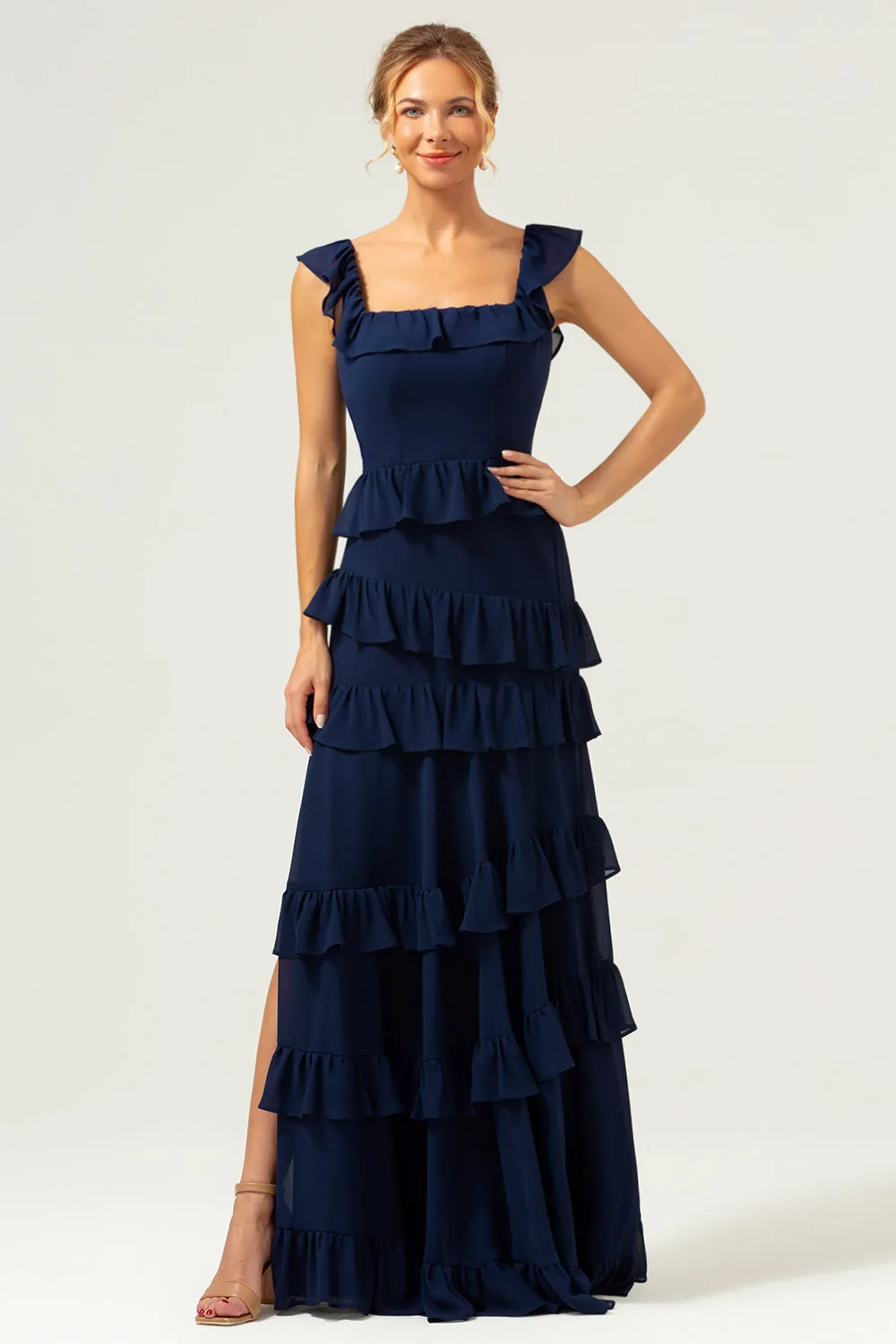 Dark Navy A Line Square Neck Tiered Long Chiffon Bridesmaid Dress with Ruffles sold by Wedtrend product image thumbnail 3