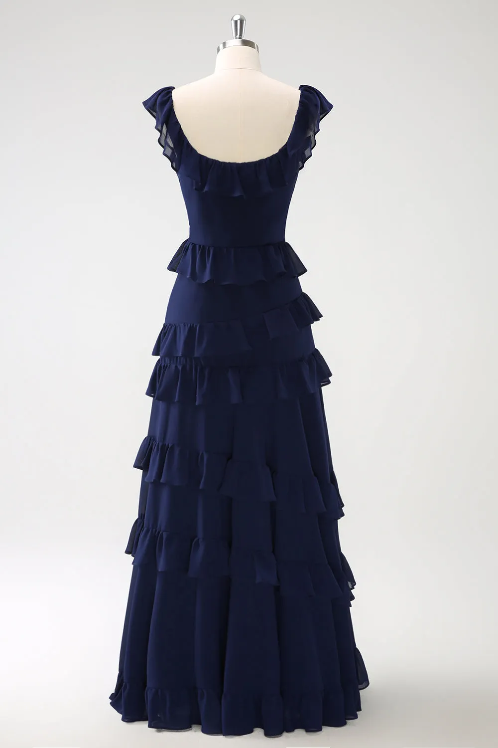 Dark Navy A Line Square Neck Tiered Long Chiffon Bridesmaid Dress with Ruffles sold by Wedtrend product image thumbnail 2