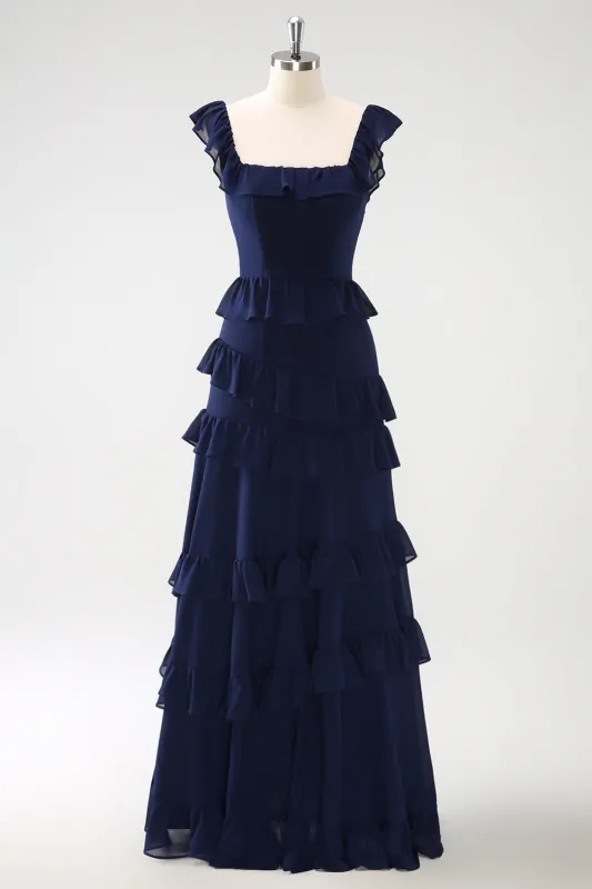 Dark Navy A Line Square Neck Tiered Long Chiffon Bridesmaid Dress with Ruffles sold by Wedtrend