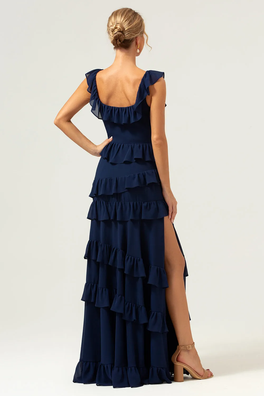 Dark Navy A Line Square Neck Tiered Long Chiffon Bridesmaid Dress with Ruffles sold by Wedtrend product image thumbnail 4