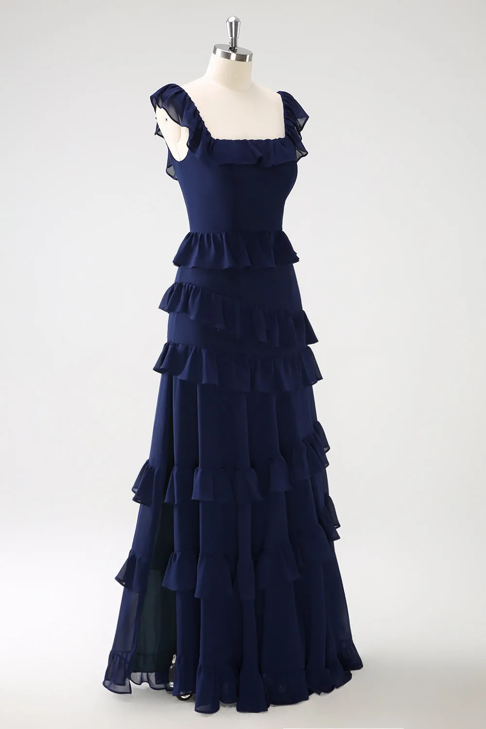 Dark Navy A Line Square Neck Tiered Long Chiffon Bridesmaid Dress with Ruffles sold by Wedtrend product image thumbnail 5