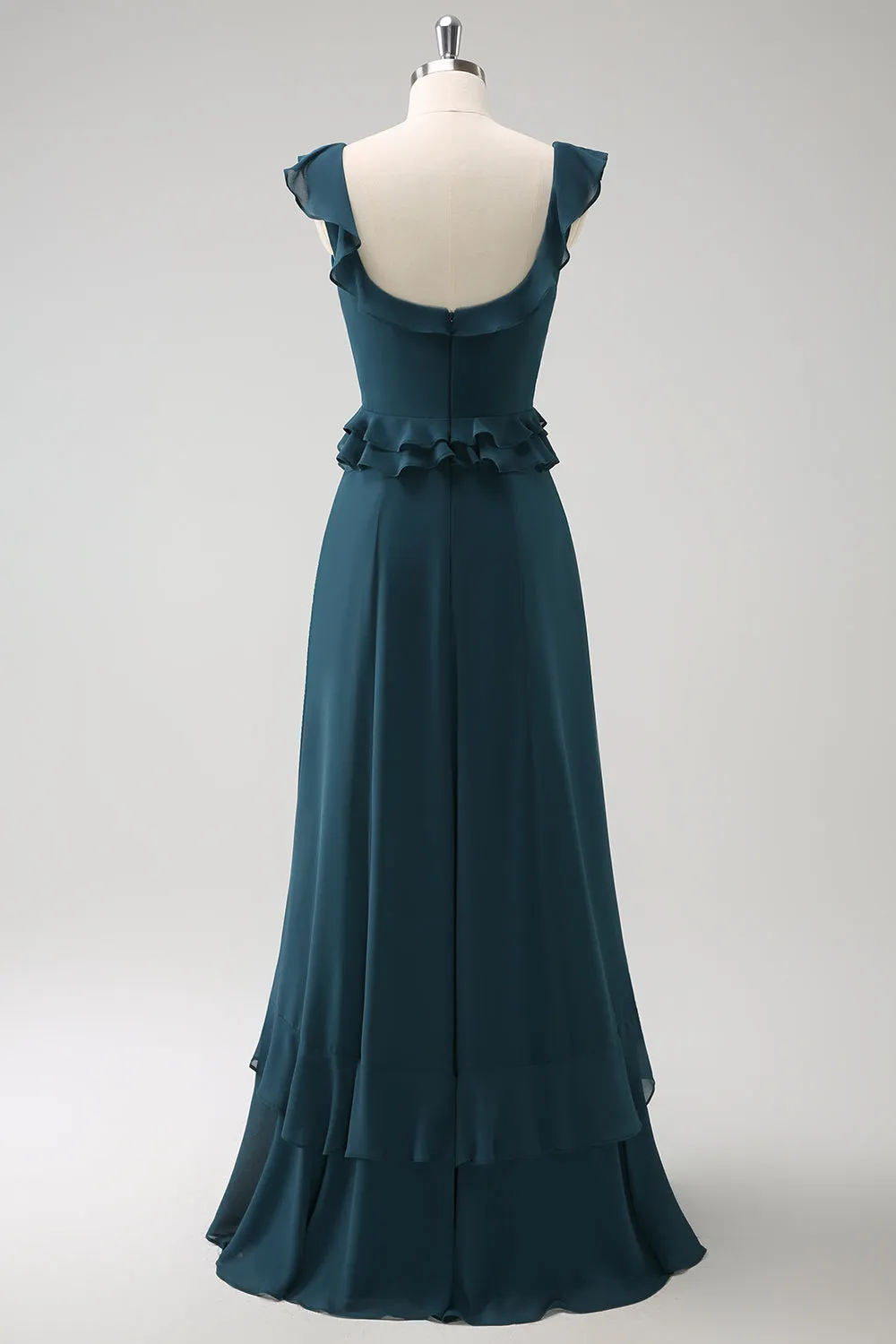 Dark Peacock Green A Line Square Neck Chiffon Long Bridesmaid Dress with Ruffles sold by Wedtrend product image thumbnail 2