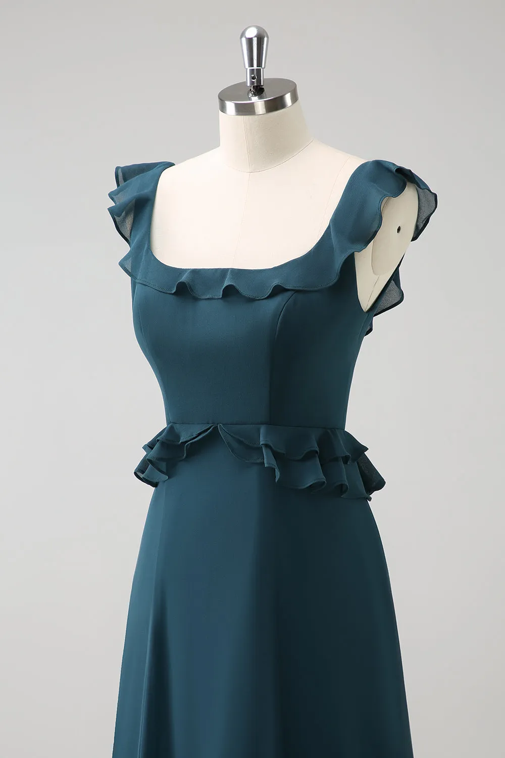 Dark Peacock Green A Line Square Neck Chiffon Long Bridesmaid Dress with Ruffles sold by Wedtrend product image thumbnail 5