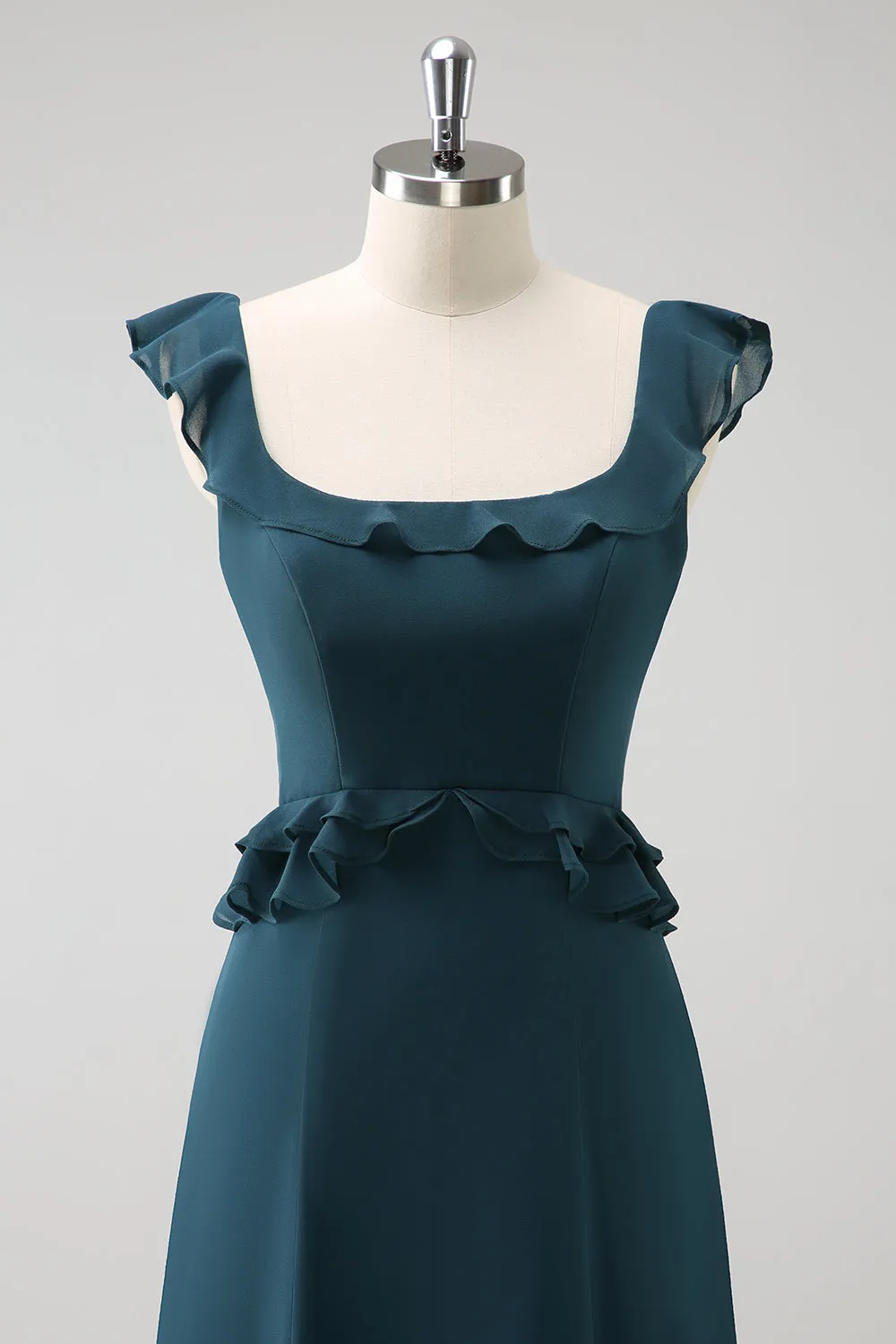 Dark Peacock Green A Line Square Neck Chiffon Long Bridesmaid Dress with Ruffles sold by Wedtrend product image thumbnail 4