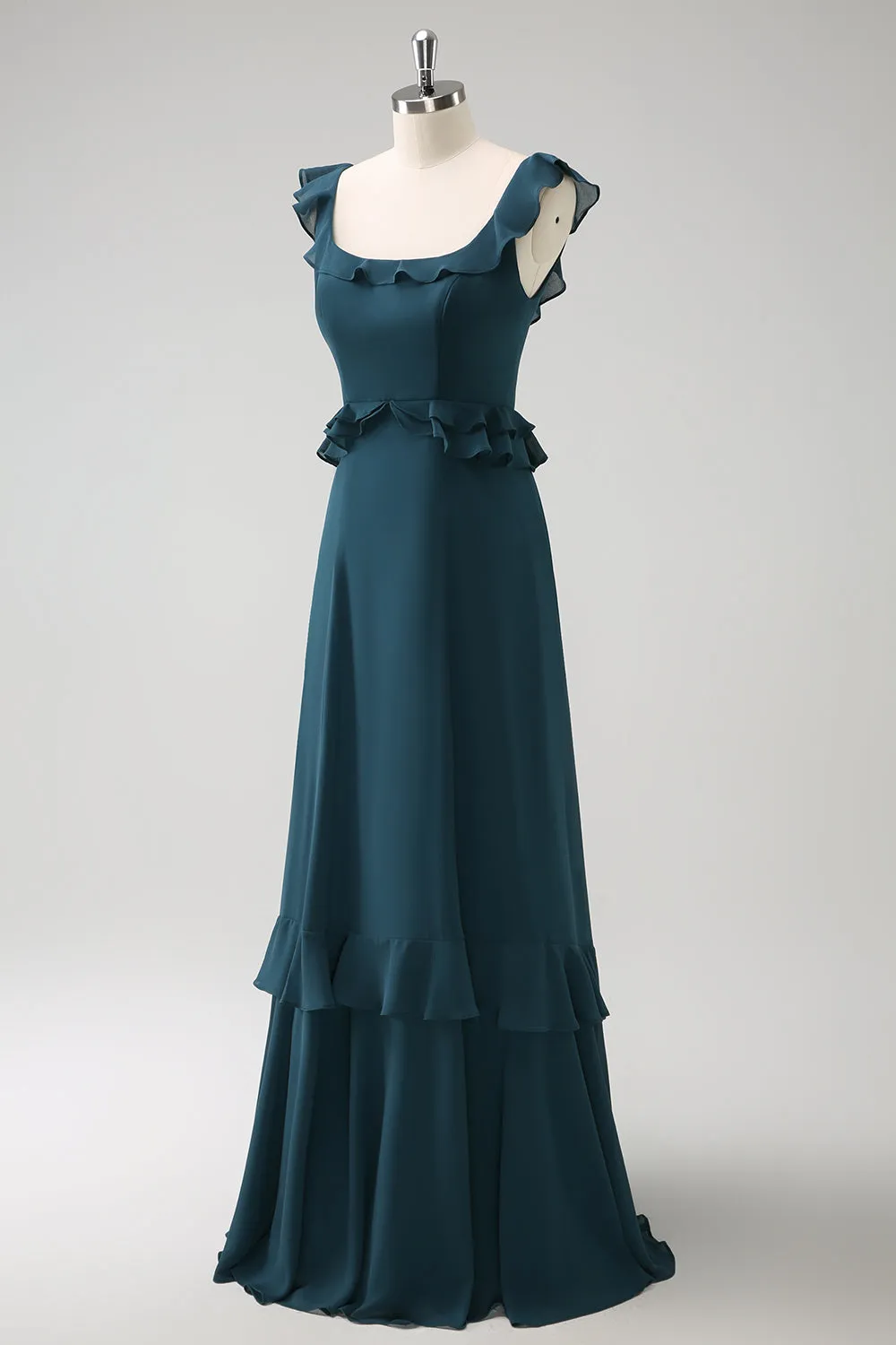 Dark Peacock Green A Line Square Neck Chiffon Long Bridesmaid Dress with Ruffles sold by Wedtrend product image thumbnail 3