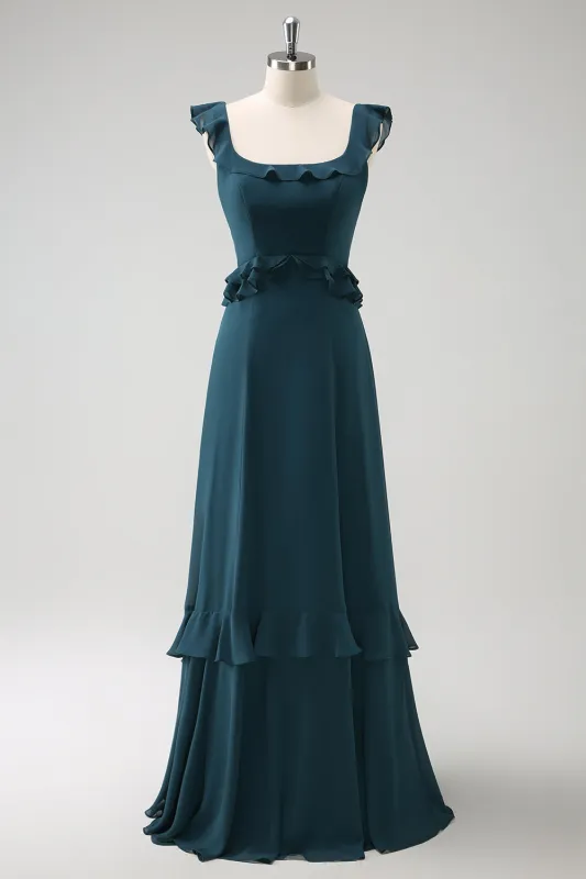 Dark Peacock Green A Line Square Neck Chiffon Long Bridesmaid Dress with Ruffles sold by Wedtrend