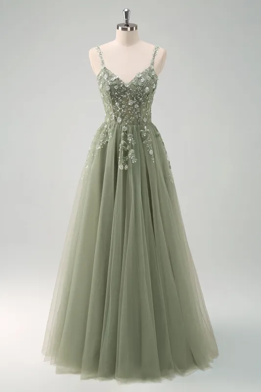 Sparkly Green A Line Spaghetti Straps Tulle Corset Long Prom Dress with Appliques sold by Wedtrend
