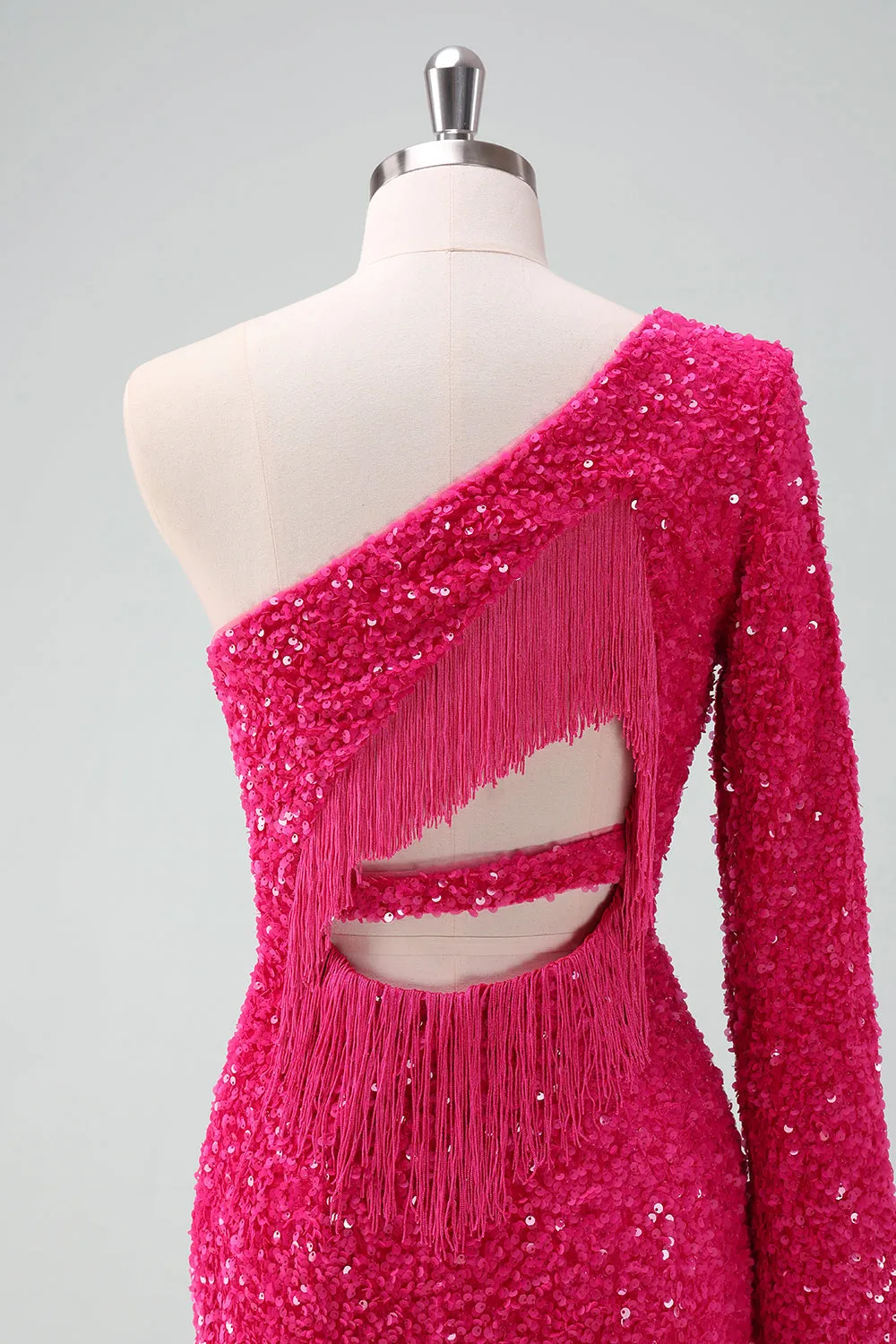 Glitter Fuchsia One Shoulder Sequin Tight Homecoming Dress with Fringe sold by Wedtrend product image thumbnail 5