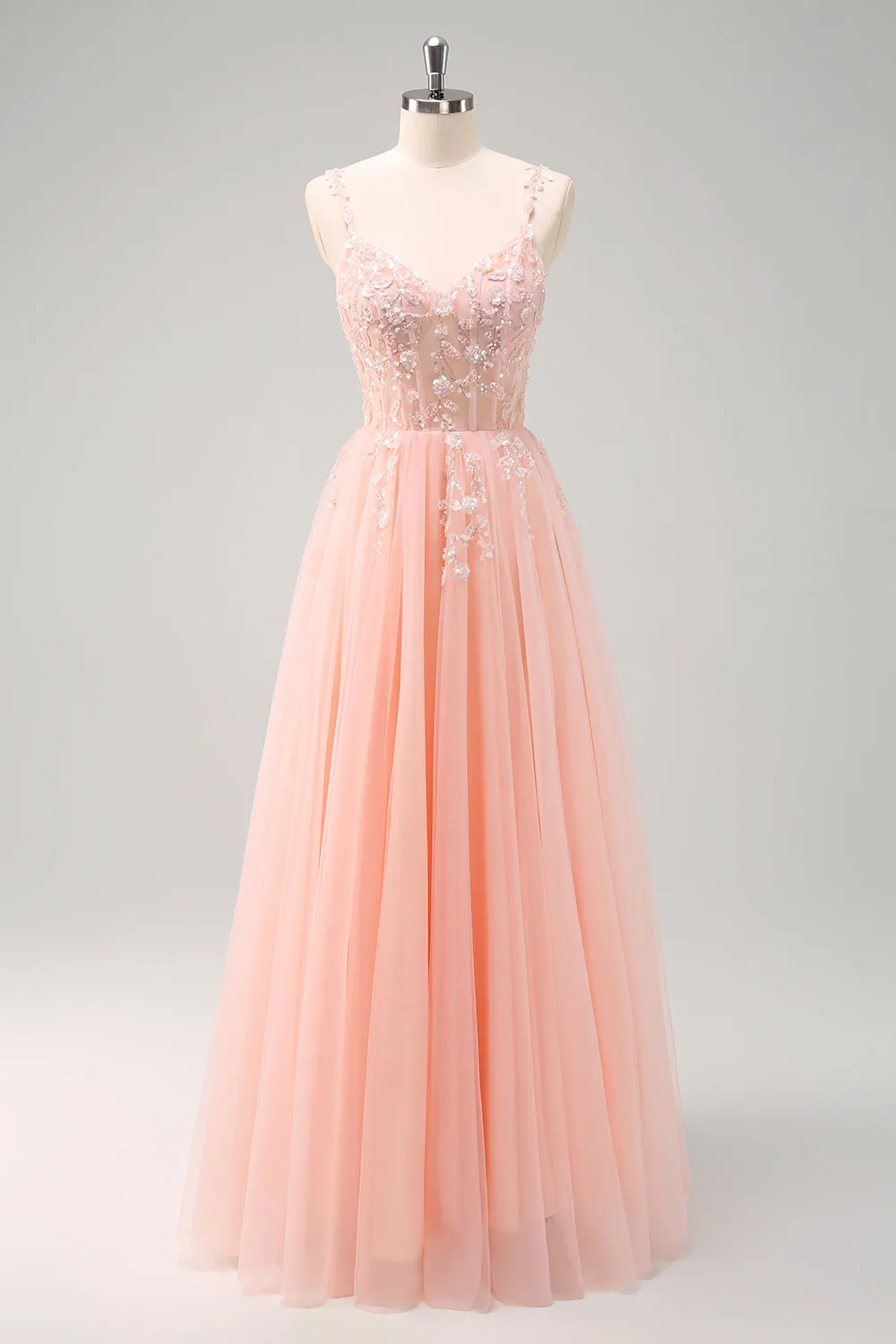Sparkly Blush A Line Spaghetti Straps Tulle Corset Long Prom Dress with Appliques sold by Wedtrend