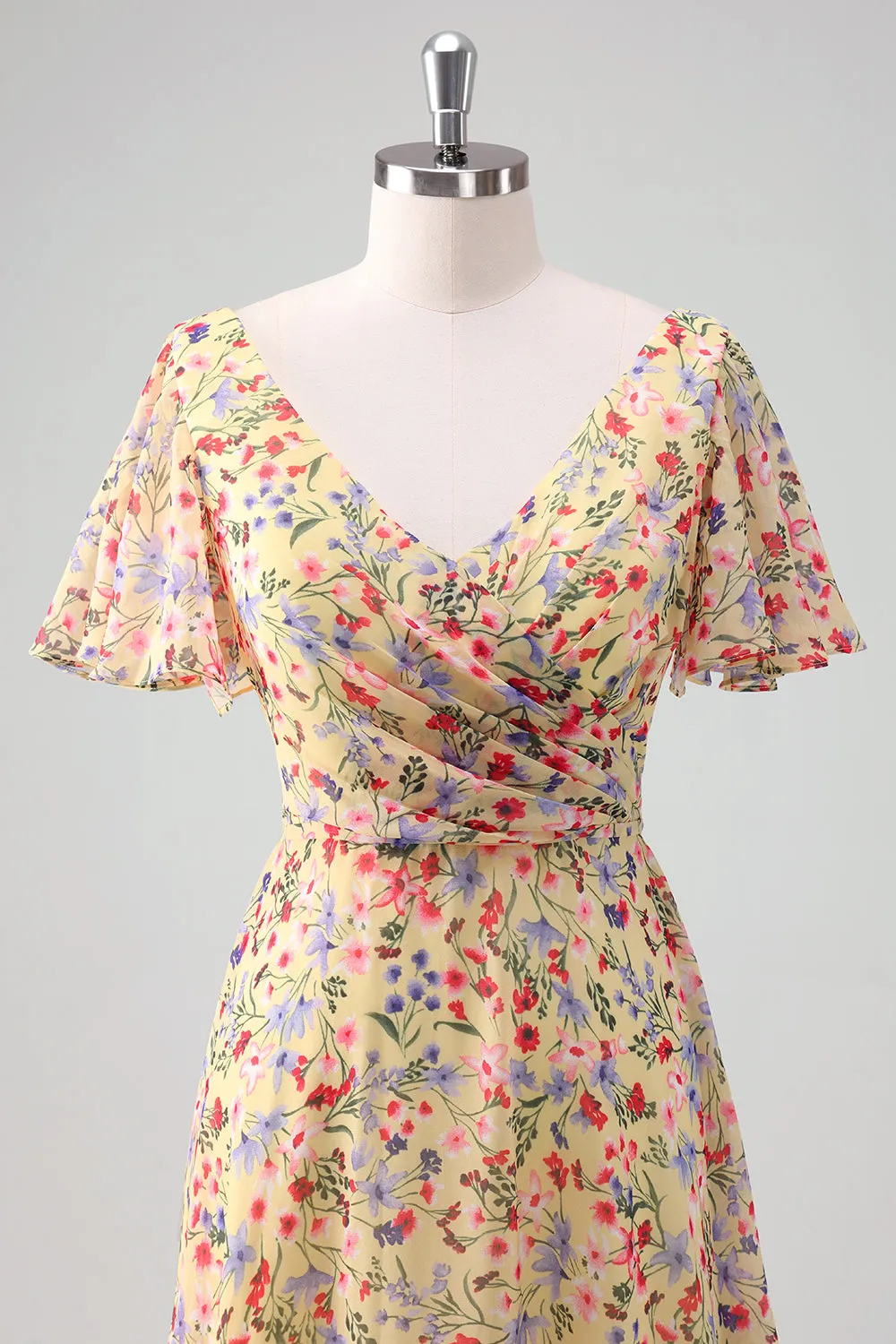 Yellow Flower Printed A-Line Chiffon V-Neck Bridesmaid Dress with Short Sleeves sold by Wedtrend product image thumbnail 4