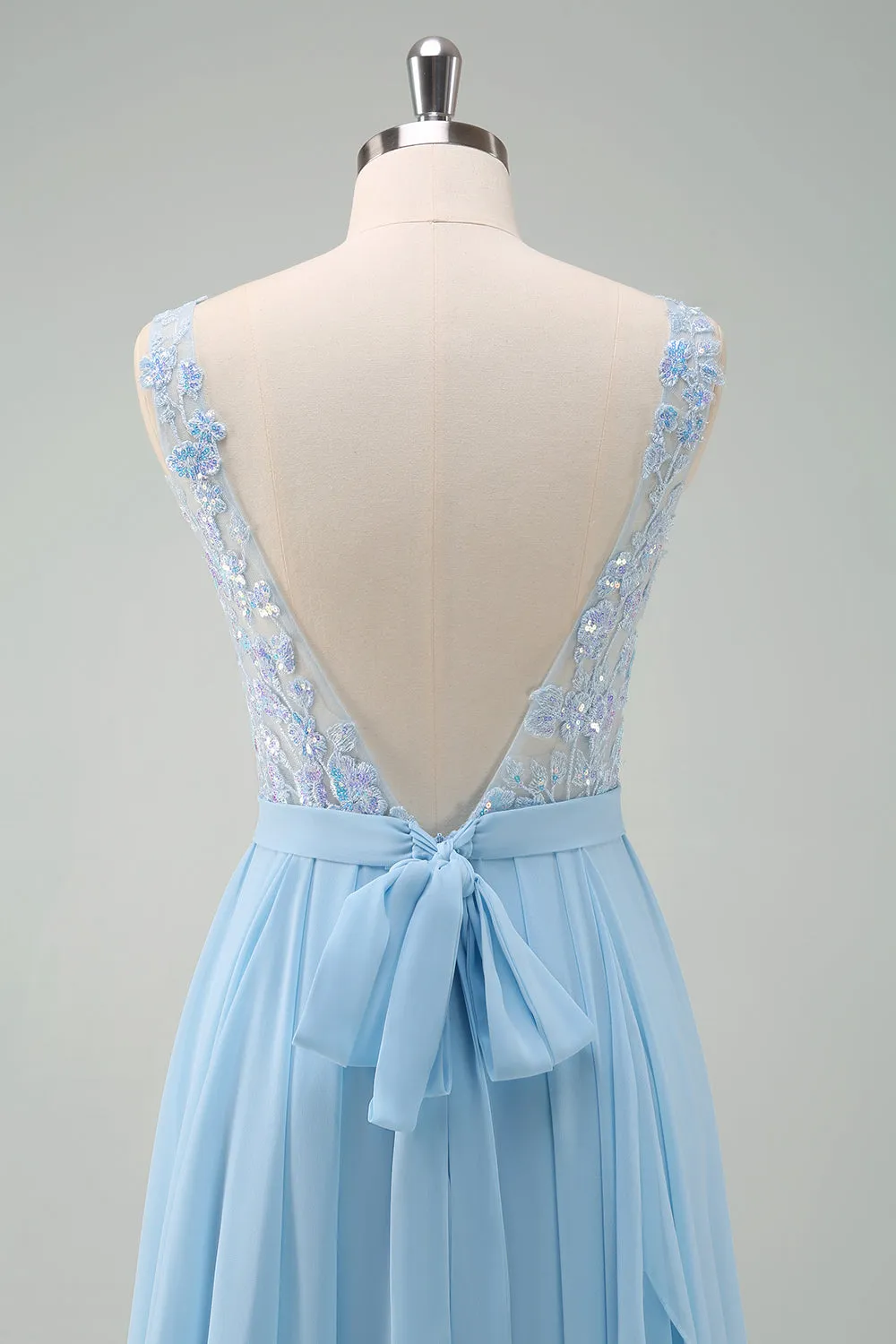 Sparkly Sky Blue A Line Boat Neck Pleated Long Bridesmaid Dress sold by Wedtrend product image thumbnail 5