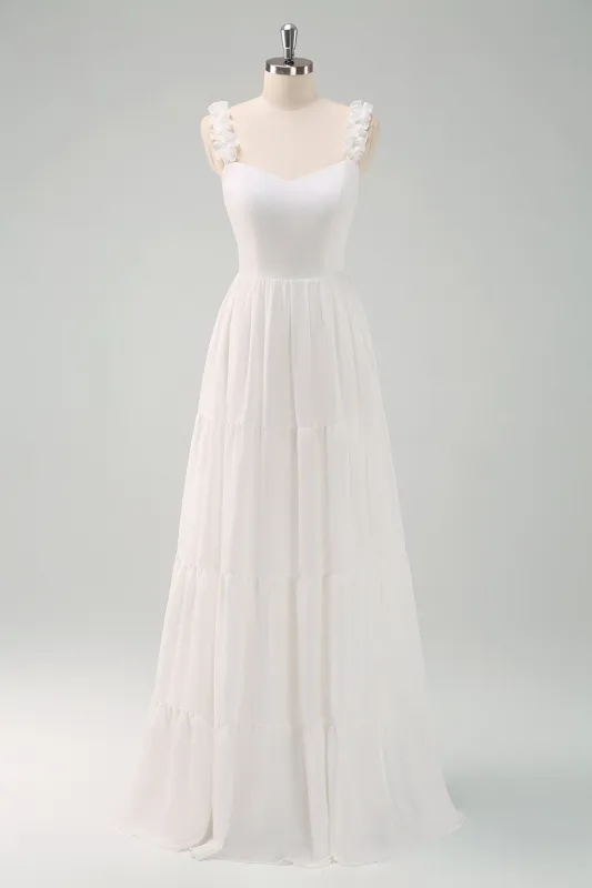 White A-Line Spaghetti Straps Pleated Long Wedding Dress with Bow sold by Wedtrend