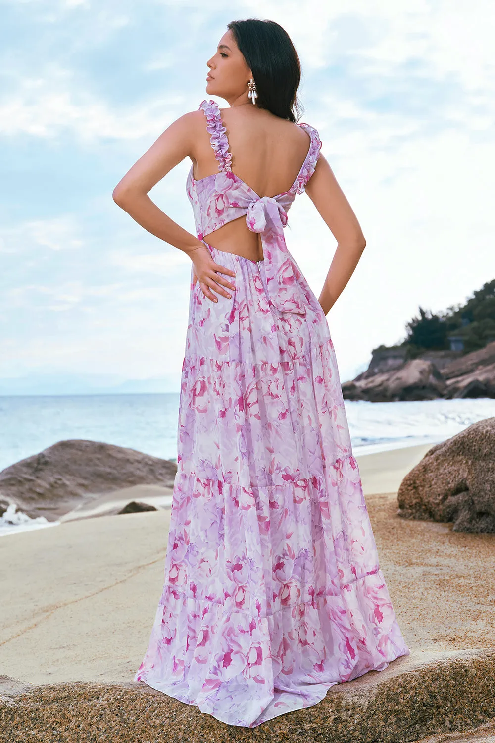 Grey Purple A Line Square Neck Print Floral Bridesmaid Dress with Lace Up Back sold by Wedtrend product image thumbnail 4