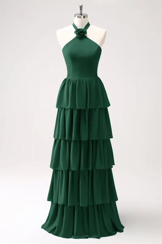 Dark Green A Line Halter Tiered Chiffon Long Bridesmaid Dress with Flower made by Wedtrend