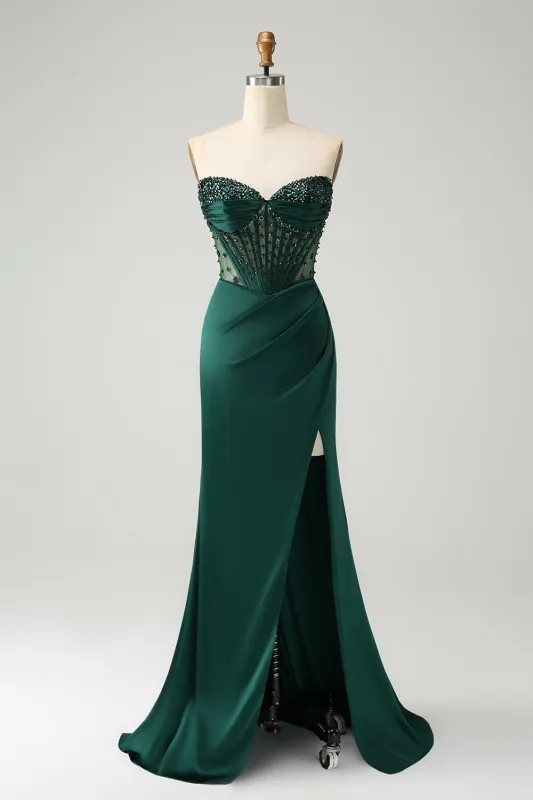 Sparkly Dark Green Mermaid Strapless Beaded Corset Long Prom Dress with Slit sold by Wedtrend