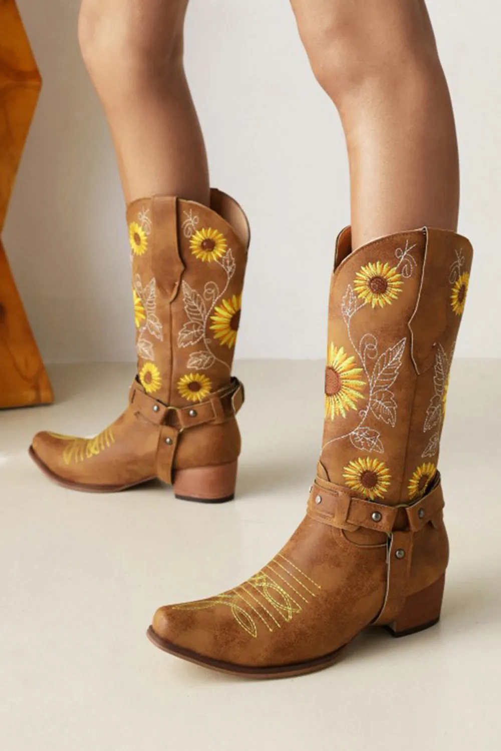 Women Retro Sunflowers Pattern Pointed Toe Chunky Heel Harness Cowboy Boots sold by Wedtrend