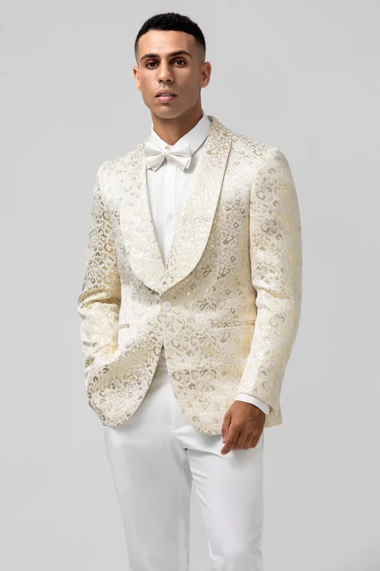 Men‘s Ivory Shawl Lapel Pattern Printed Prom Blazer sold by Wedtrend