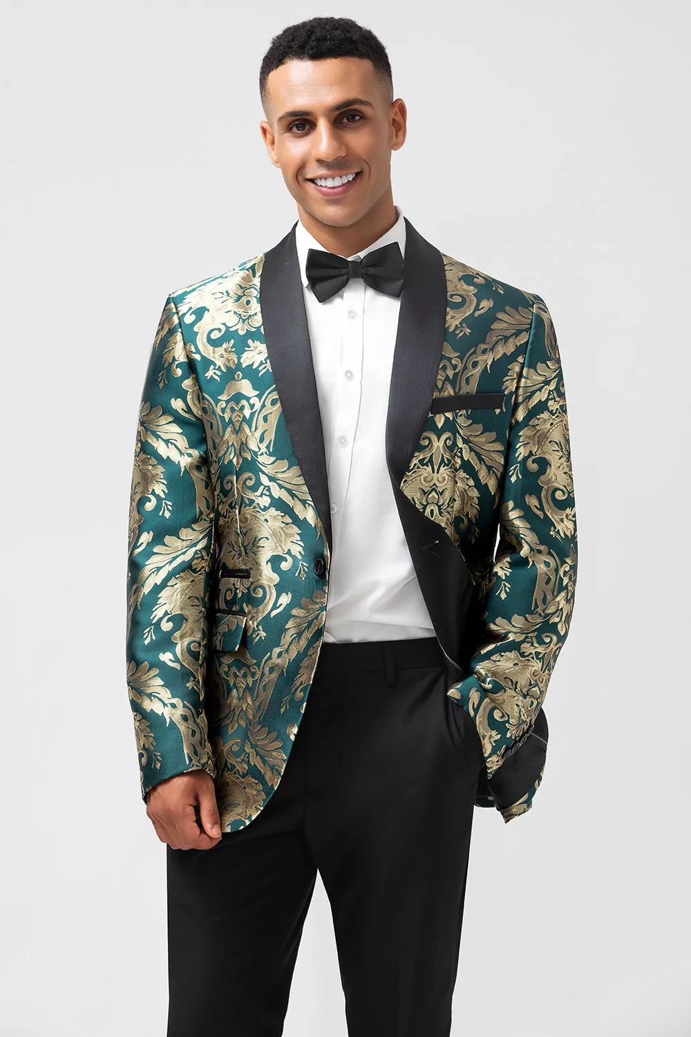 Men's Dark Green One Button Jacquard Prom Blazer with Shawl Lapel sold by Wedtrend