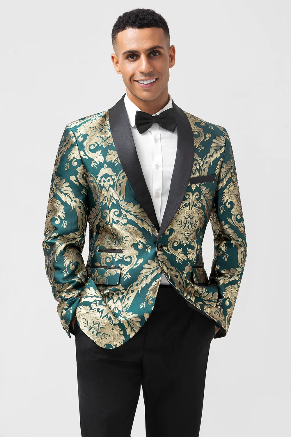 Men's Dark Green One Button Jacquard Prom Blazer with Shawl Lapel sold by Wedtrend product image thumbnail 3