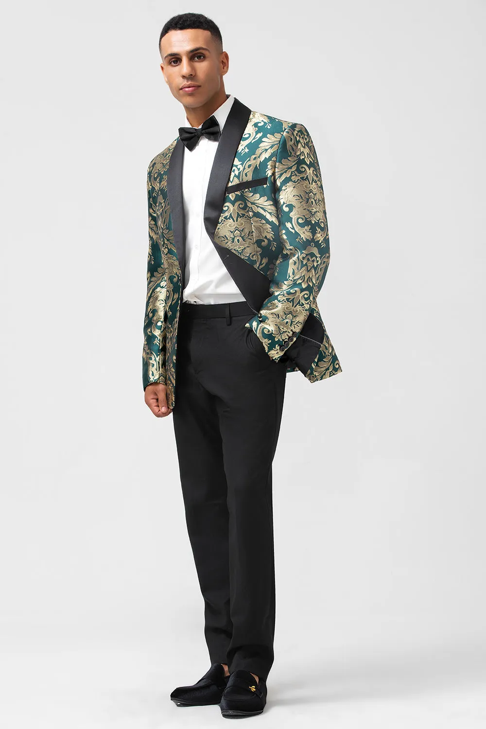Men's Dark Green One Button Jacquard Prom Blazer with Shawl Lapel sold by Wedtrend product image thumbnail 5