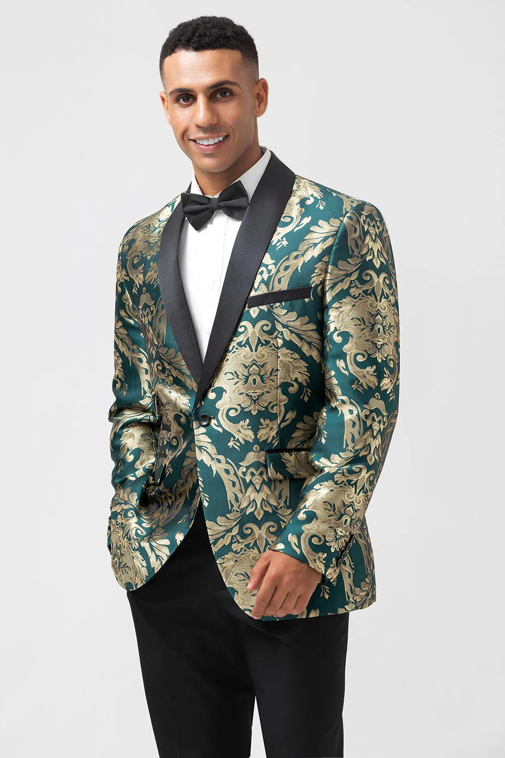 Men's Dark Green One Button Jacquard Prom Blazer with Shawl Lapel sold by Wedtrend product image thumbnail 4
