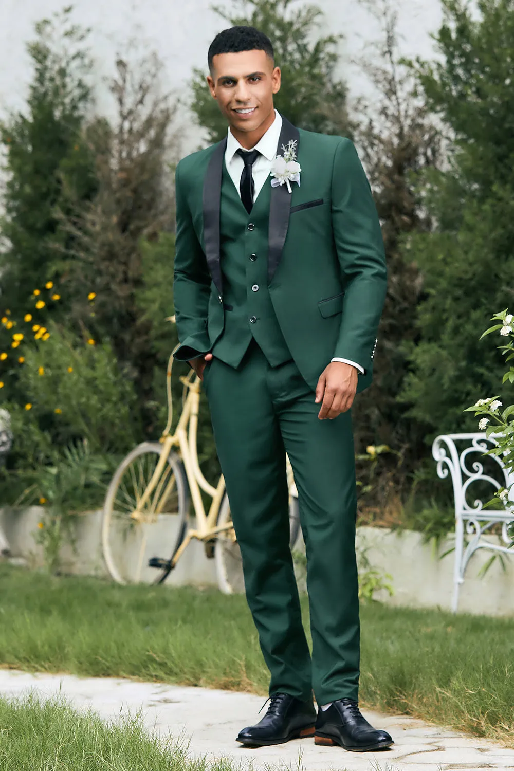 Men's Dark Green Shawl Lapel 3-Pieces Slim Fit Wedding Suits sold by Wedtrend