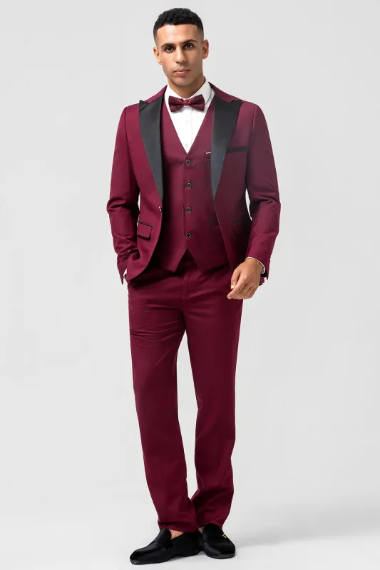 Men's Burgundy 3 Pieces Peak Lapel Wedding Prom Suits sold by Wedtrend