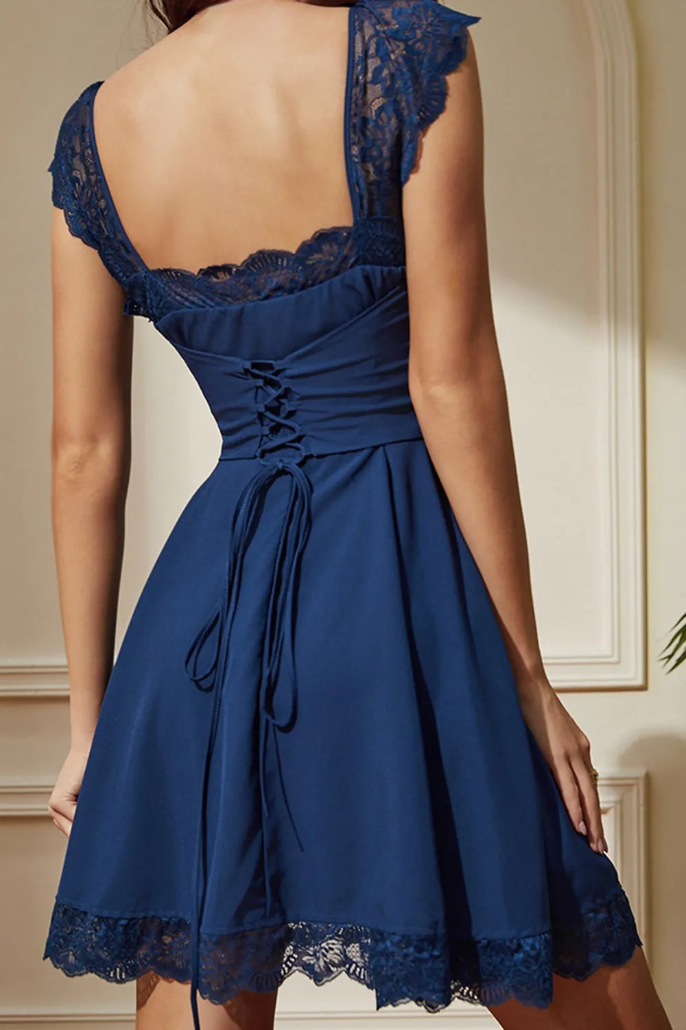 Navy A-Line Square Neck Short Party Dress with Lace sold by Wedtrend product image thumbnail 2