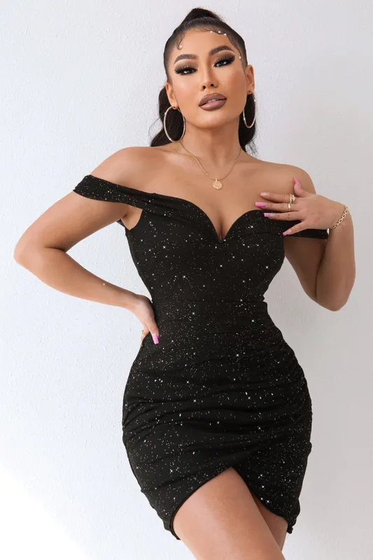 Sparkly Black Off The Shoulder Bodycon Short Cocktail Dress with Beading sold by Wedtrend