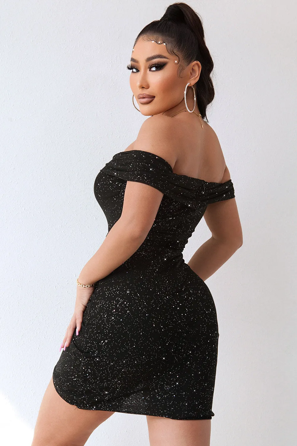Sparkly Black Off The Shoulder Bodycon Short Cocktail Dress with Beading sold by Wedtrend product image thumbnail 2