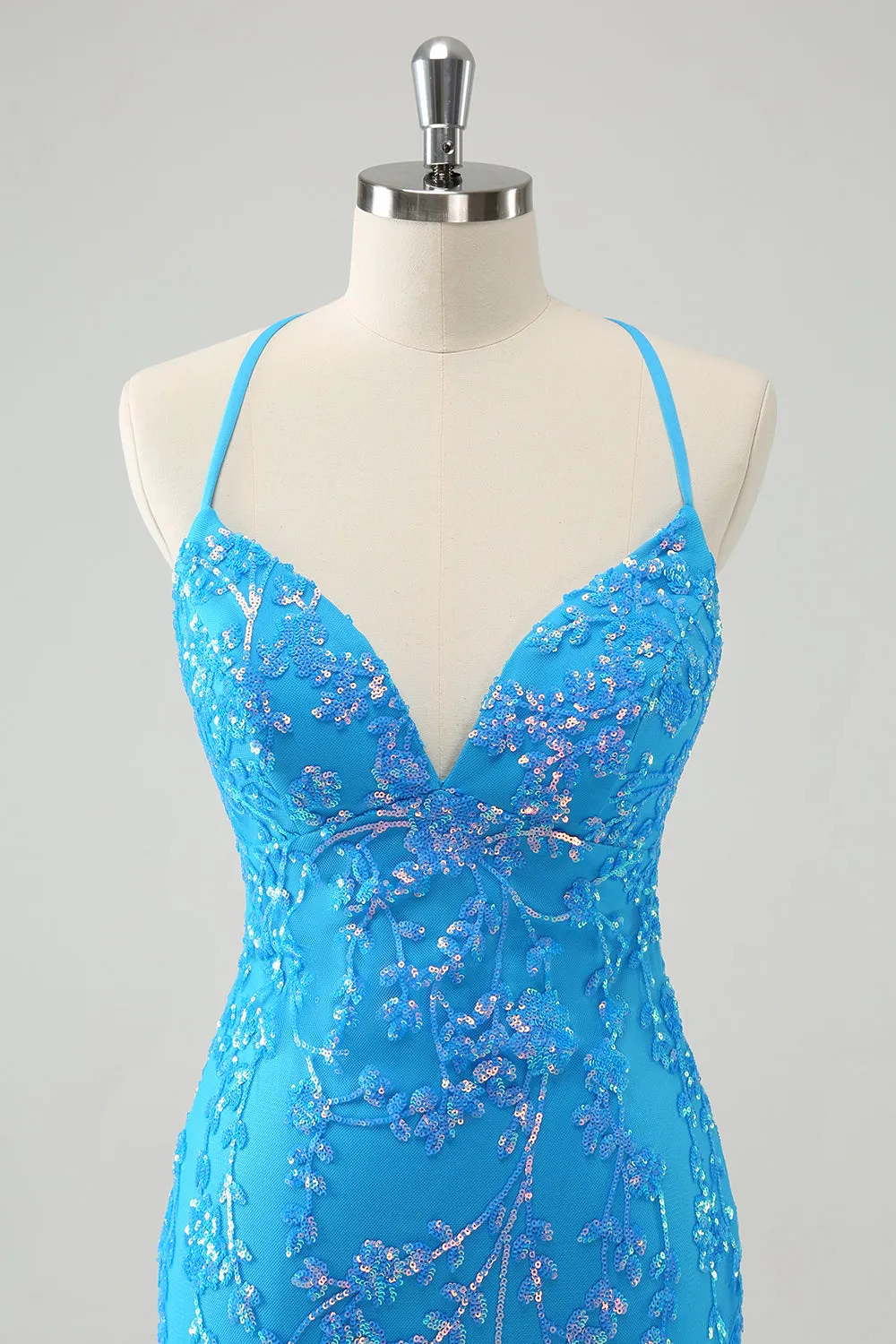 Sparkly Sky Blue Tight Short Sequin Homecoming Dress with Lace-Up Back sold by Wedtrend product image thumbnail 4
