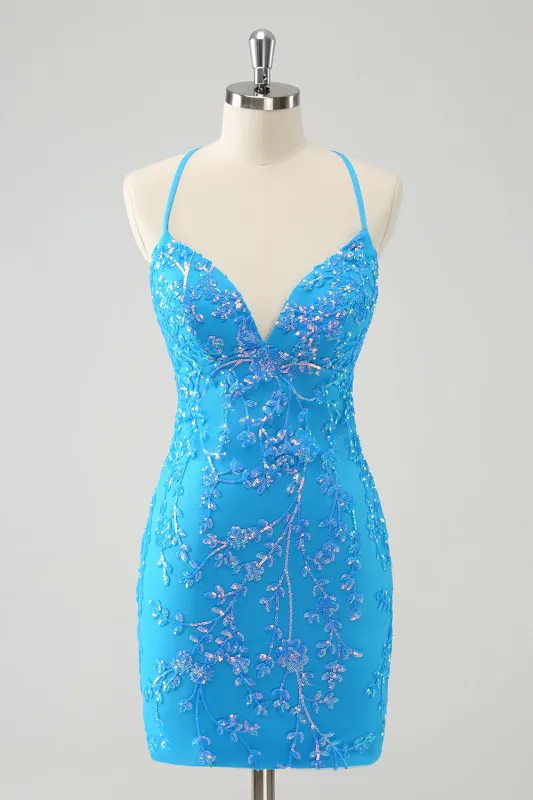 Sparkly Sky Blue Tight Short Sequin Homecoming Dress with Lace-Up Back made by Wedtrend