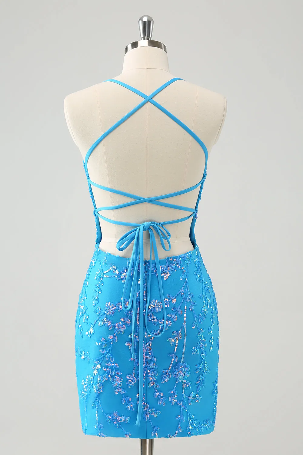 Sparkly Sky Blue Tight Short Sequin Homecoming Dress with Lace-Up Back sold by Wedtrend product image thumbnail 2
