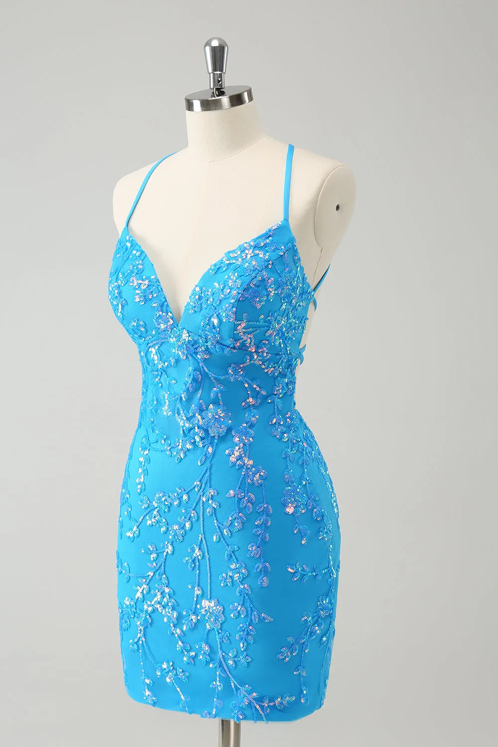 Sparkly Sky Blue Tight Short Sequin Homecoming Dress with Lace-Up Back sold by Wedtrend product image thumbnail 3
