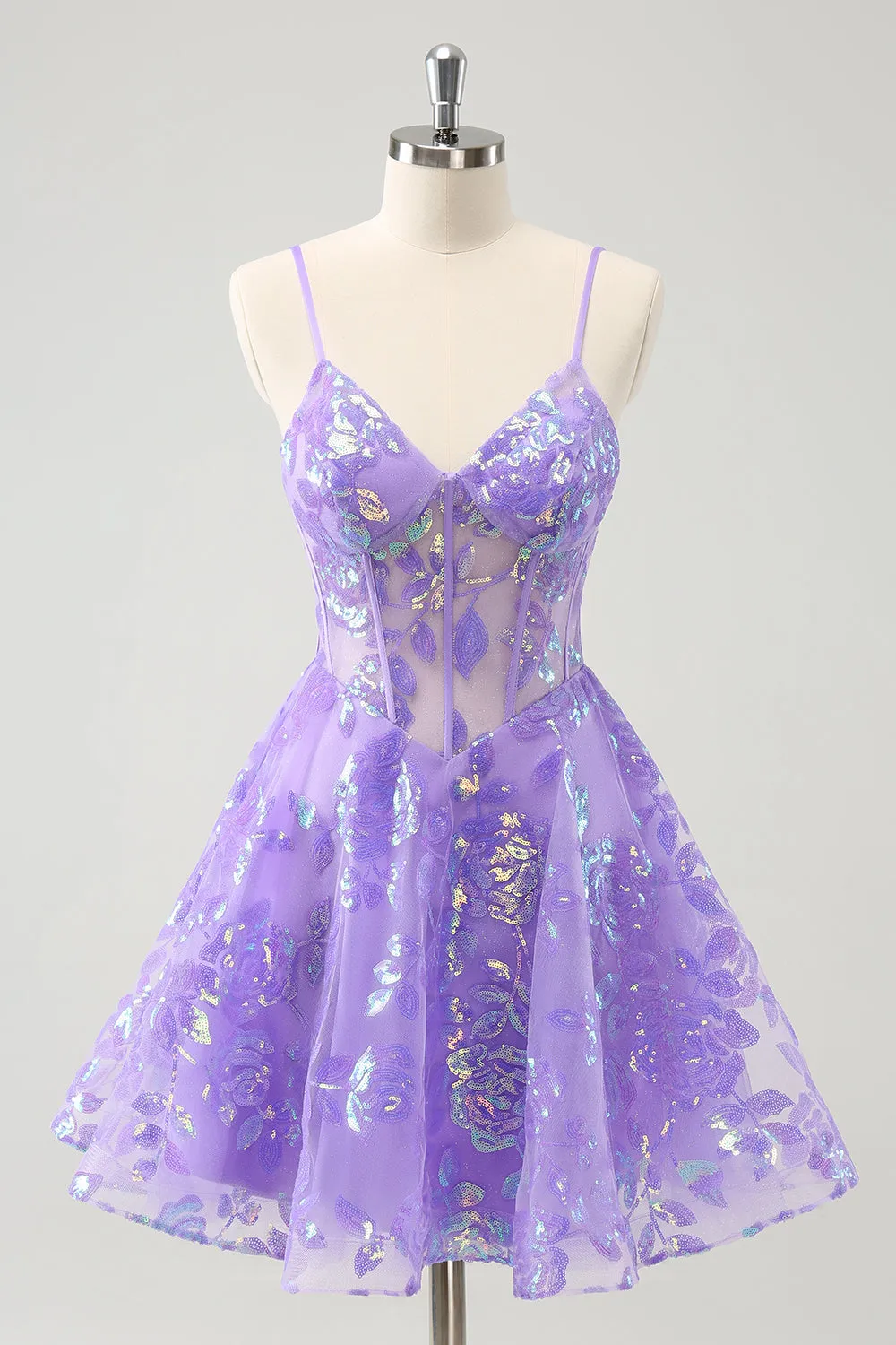 Sparkly Lilac A-Line Spaghetti Straps Sequins Corset Homecoming Dress sold by Wedtrend