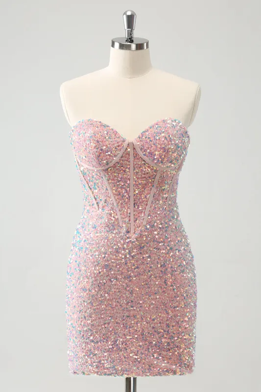Sparkly Strapless Light Pink Tight Short Homecoming Dress with Sequins sold by Wedtrend