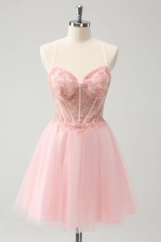 Pink Tulle A Line Corset Short Homecoming Dress with Beading sold by Wedtrend