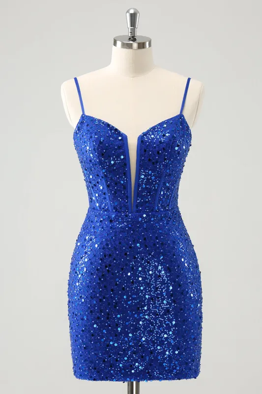 Sparkly Royal Blue Corset Tight Short Homecoming Dress with Sequins sold by Wedtrend
