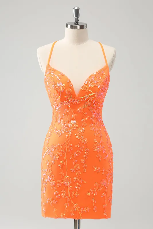 Sparkly Orange Lace-Up Back Tight Short Homecoming Dress with Sequins sold by Wedtrend