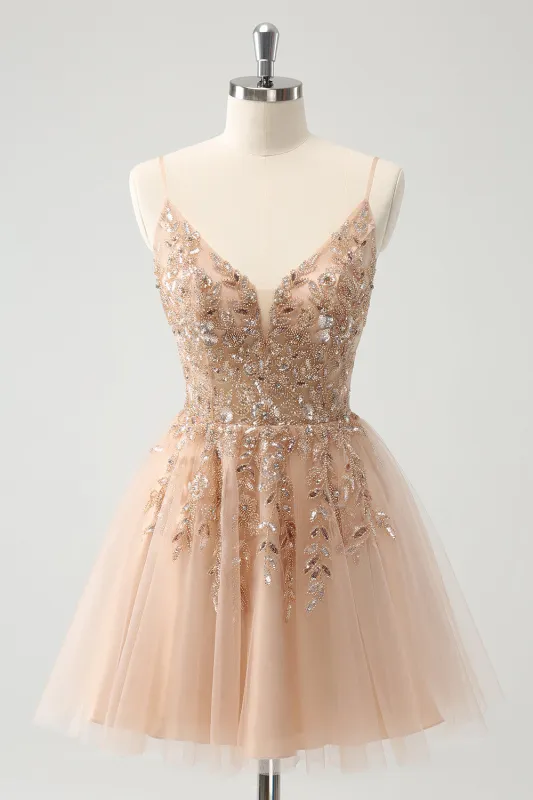 Blush A Line Spaghetti Straps Sequin Tulle Homecoming Dress with Beading made by Wedtrend