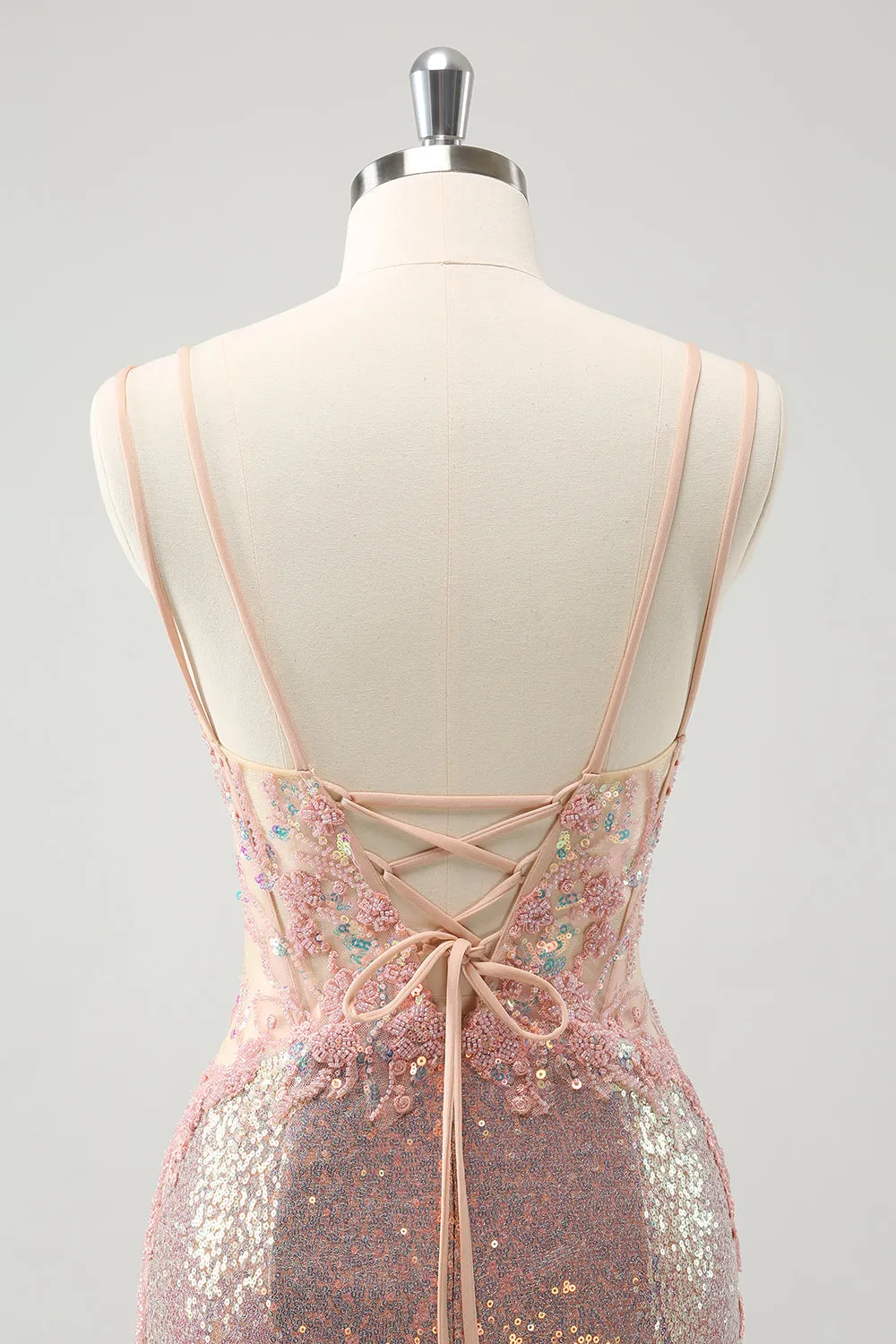 Sparkly Blush Spaghetti Straps Tight Short Homecoming Dress with Lace-Up Back sold by Wedtrend product image thumbnail 5