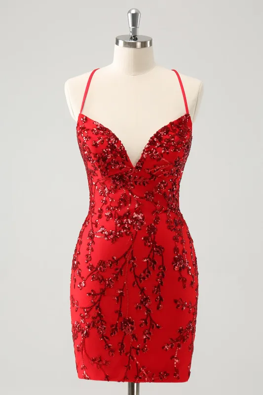 Sparkly Red Floral Tight Short Homecoming Dress with Sequins made by Wedtrend